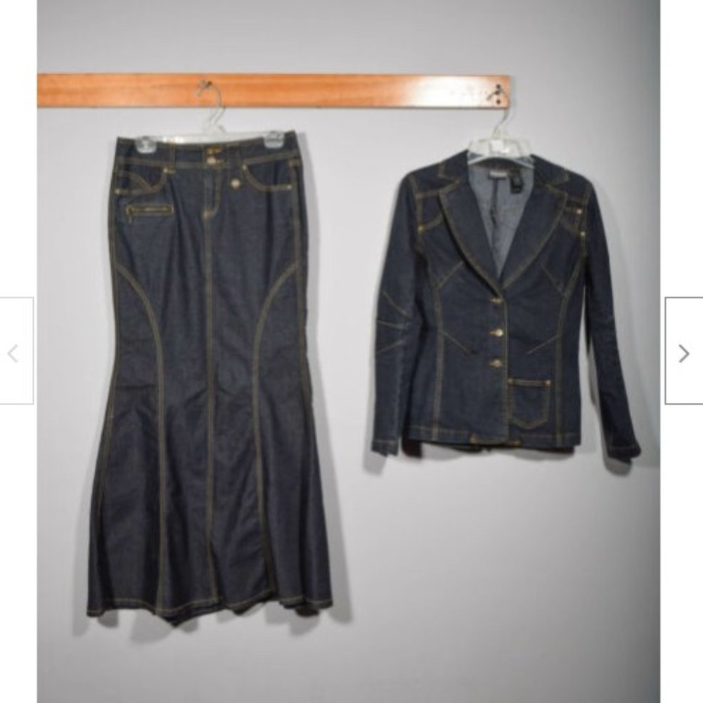 Michele Bohbot Bisou Bisou Fitted Denim Jacket Maxi Mermaid Skirt Set Sz 6 - Picture 1 of 8